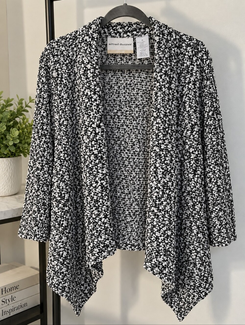 Alfred Dunner Black & White Marled Open-Front Drape Cardigan